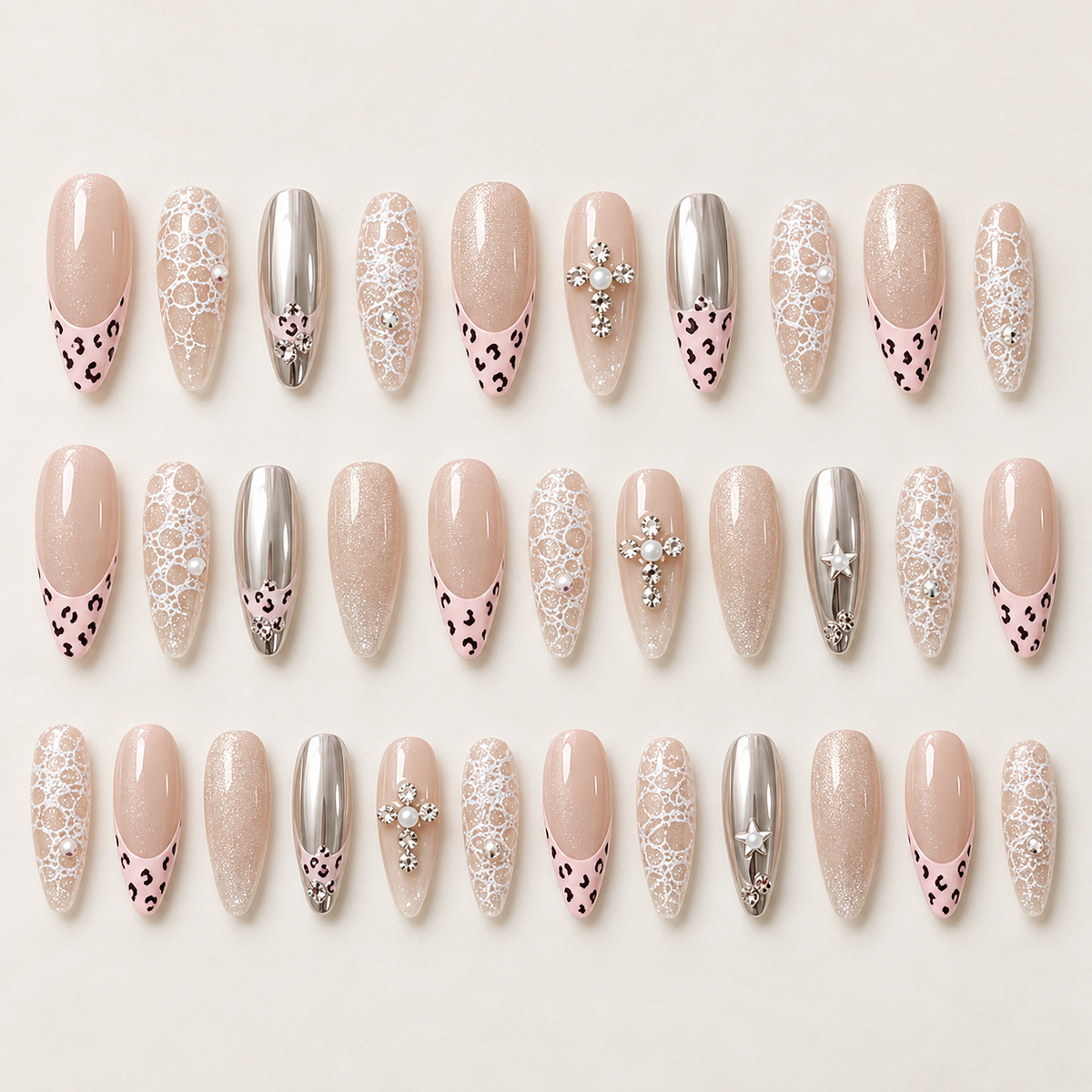 Sweet Pink French Leopard Starlight Press On Nail Set