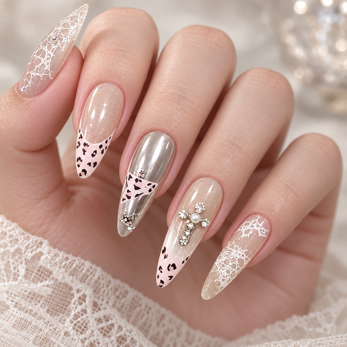 Sweet Pink French Leopard Starlight Press On Nail Set