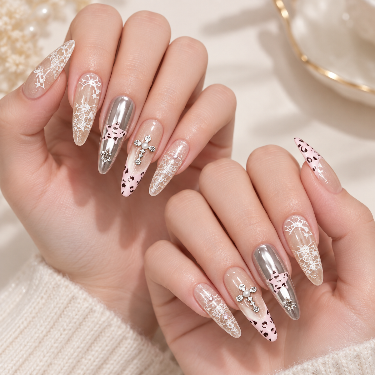 Sweet Pink French Leopard Starlight Press On Nail Set