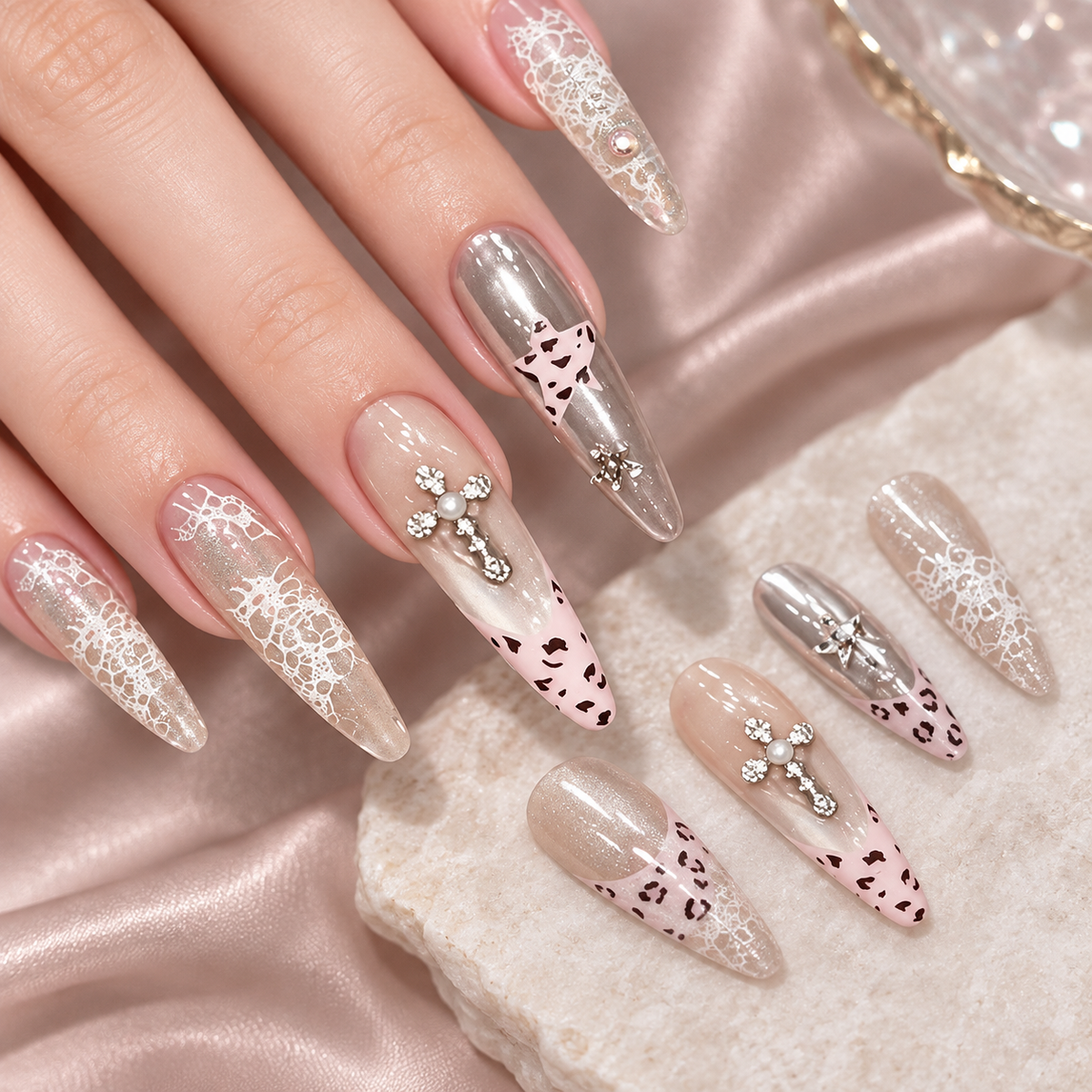 Sweet Pink French Leopard Starlight Press On Nail Set
