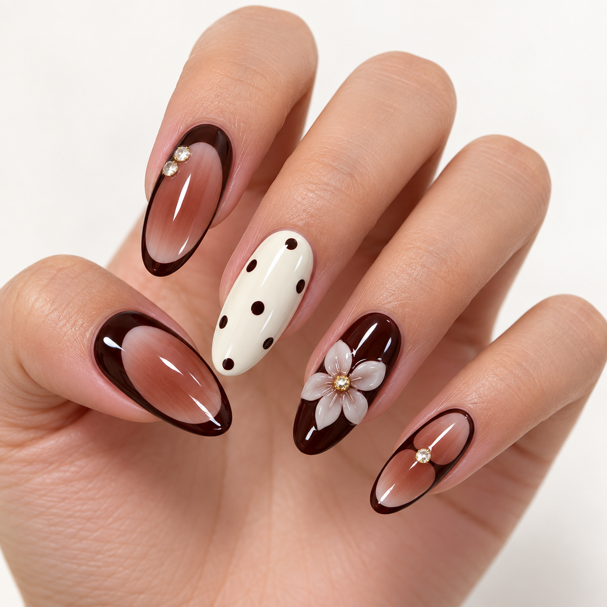 Red Chestnut Cream Lily Polka Dot Press On Nail Set