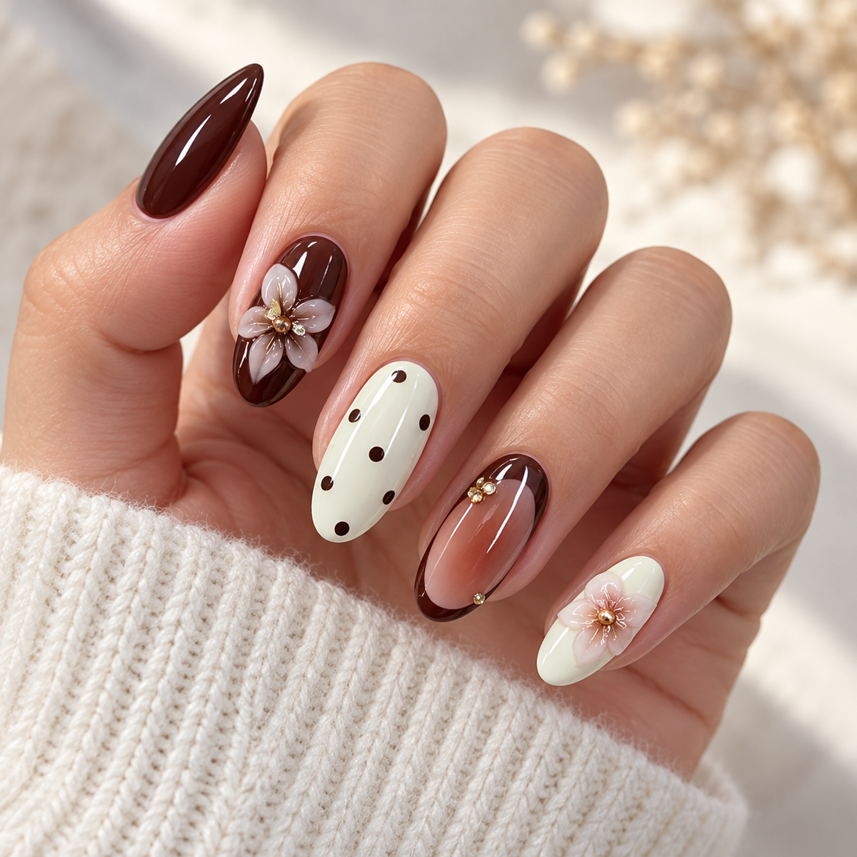 Red Chestnut Cream Lily Polka Dot Press On Nail Set