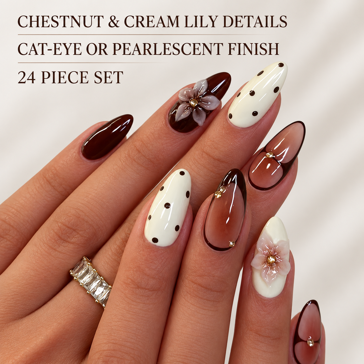 Red Chestnut Cream Lily Polka Dot Press On Nail Set
