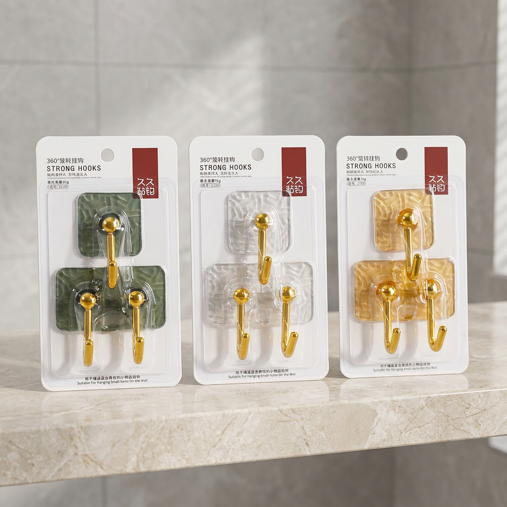 Gold 360° Rotating Adhesive Hooks, 3-Pack