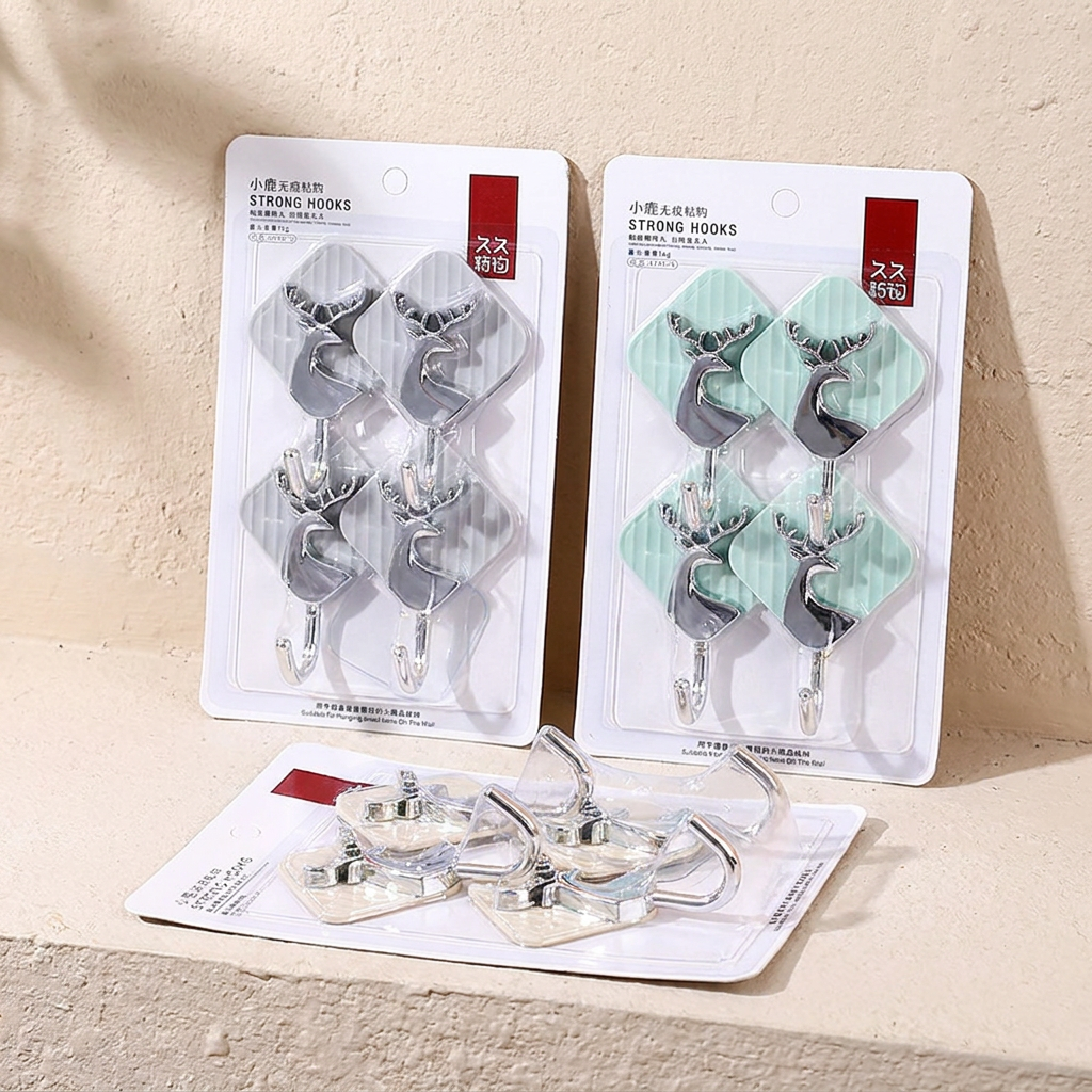 4-Pack Metal Deer Hooks, Silver & Mint