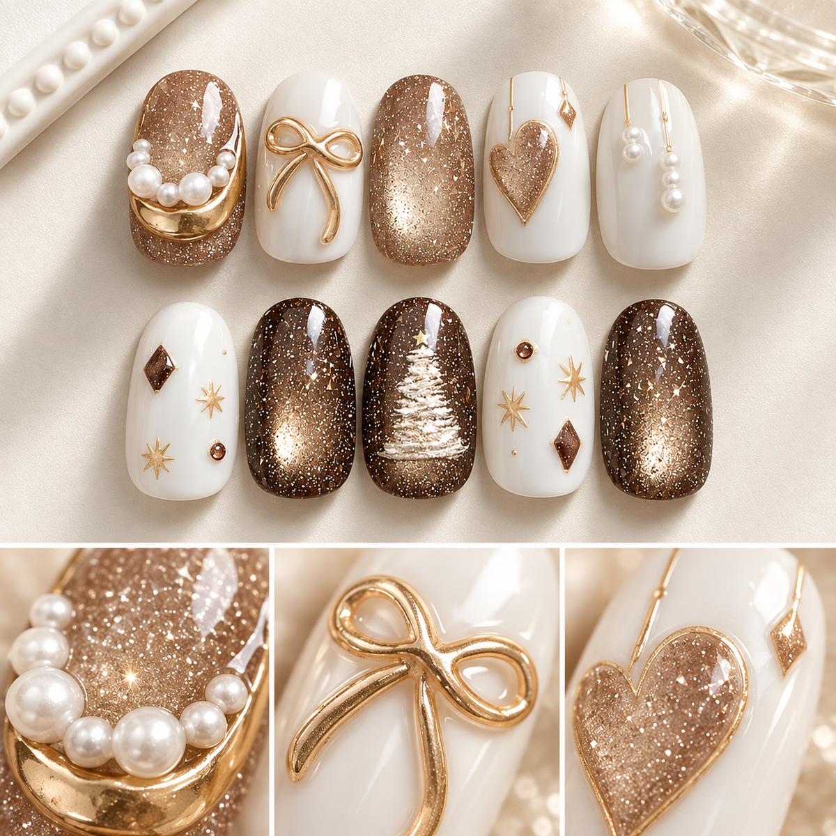 Champagne Golden Years Cat Eye Press On Nail Set