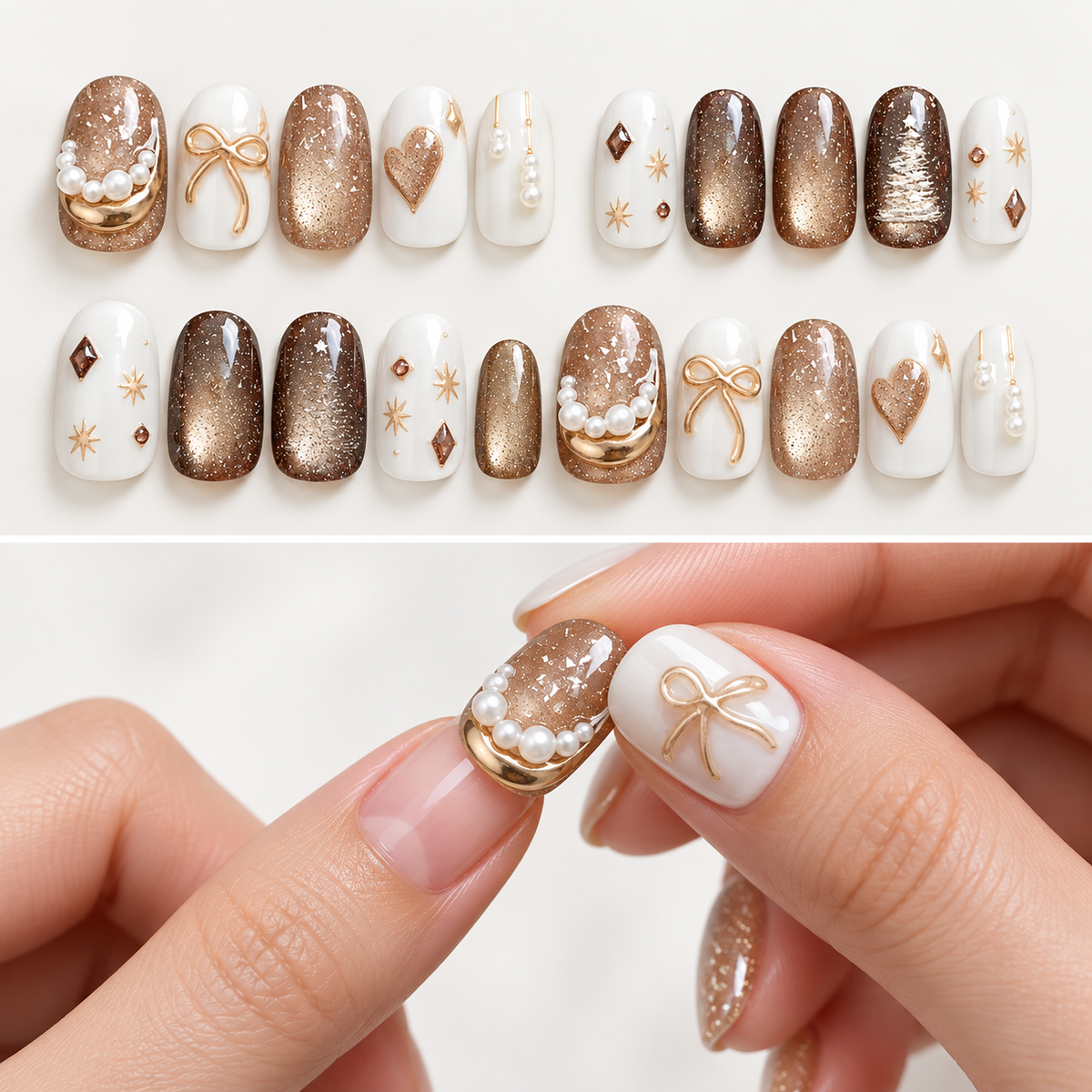 Champagne Golden Years Cat Eye Press On Nail Set