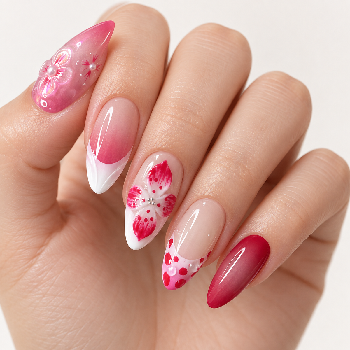 Rose Gradient Pearl Floral French Press On Nail Set