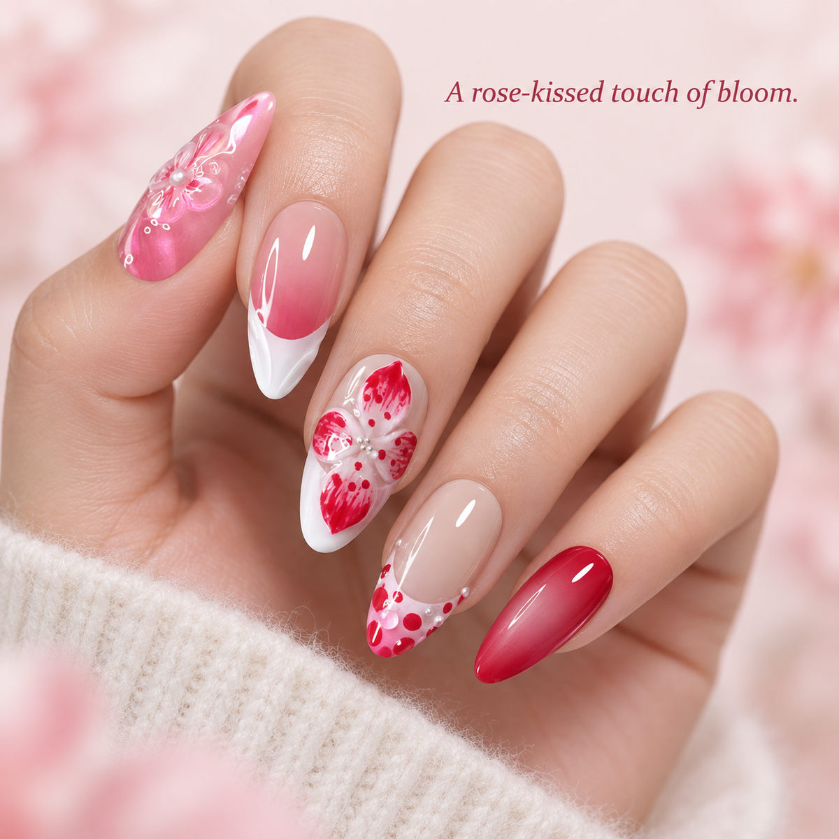 Rose Gradient Pearl Floral French Press On Nail Set