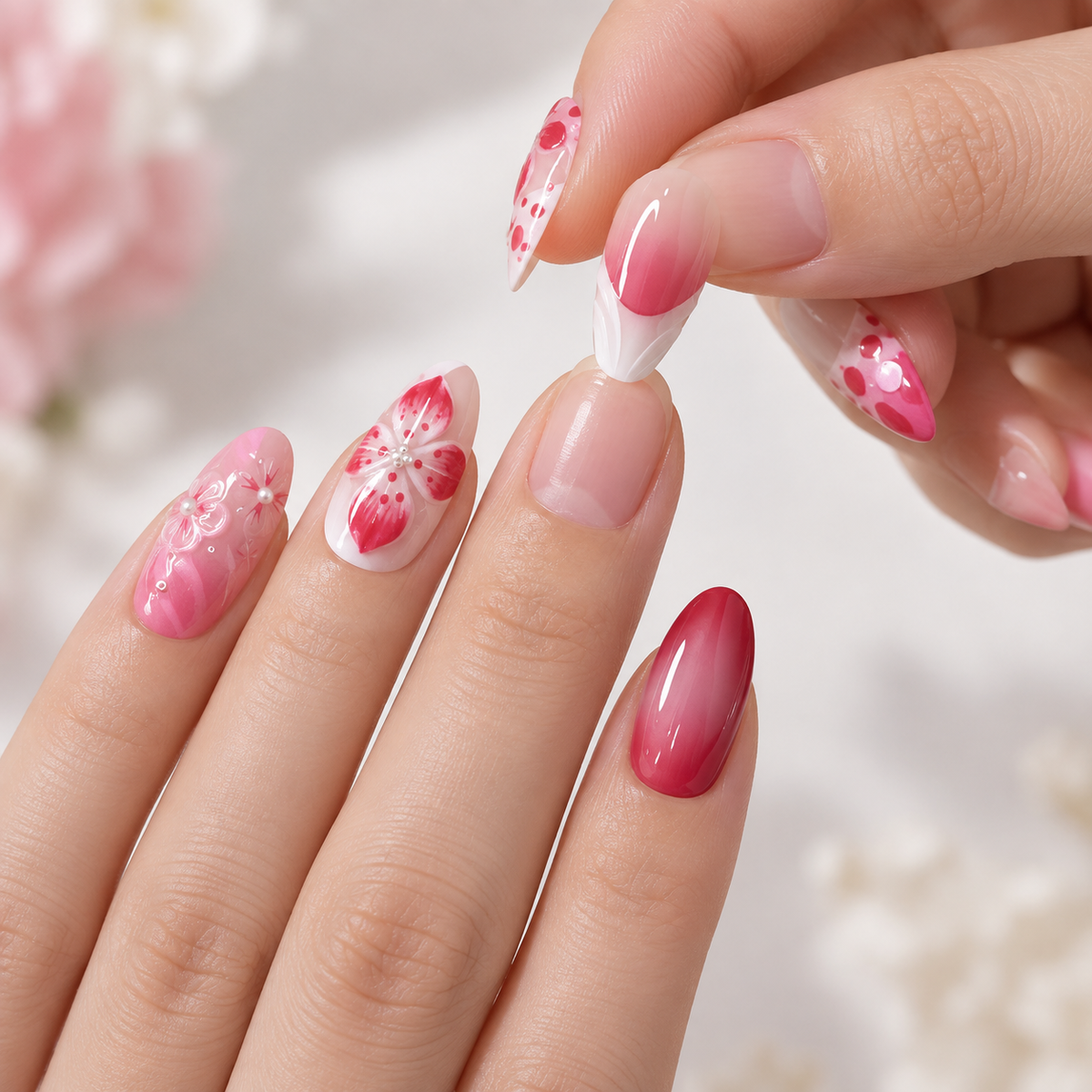 Rose Gradient Pearl Floral French Press On Nail Set