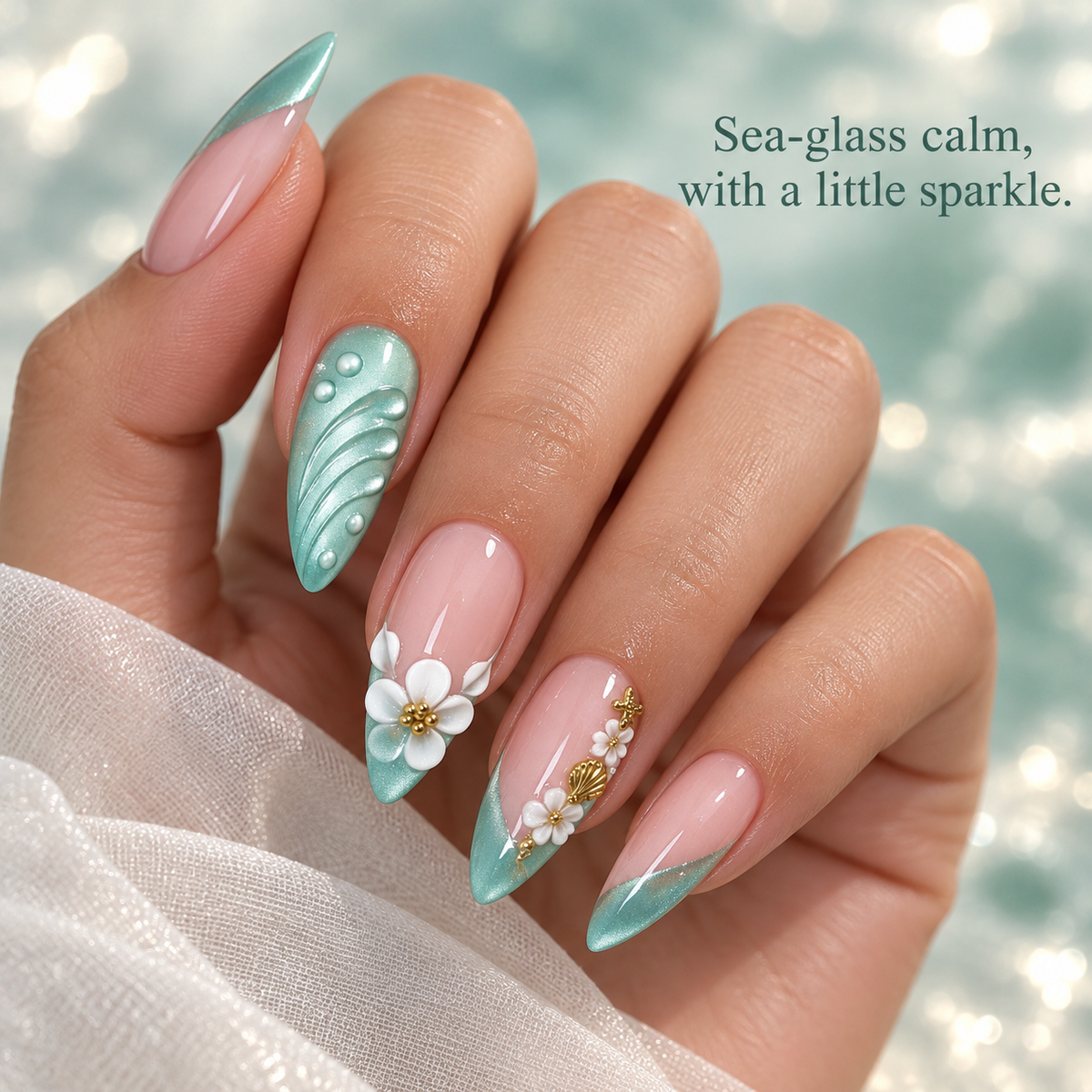 Misty Forest Green Seashell Floral Cat Eye Press On Nail Set