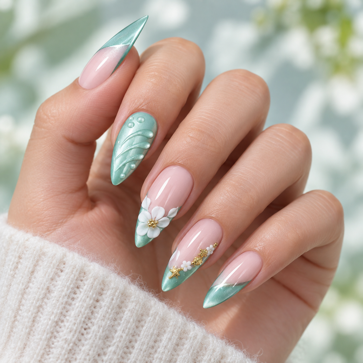Misty Forest Green Seashell Floral Cat Eye Press On Nail Set