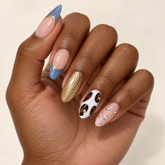 Vintage Gold Brown Blue French Press On Nail Set