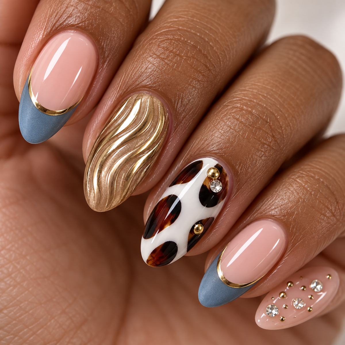 Vintage Gold Brown Blue French Press On Nail Set