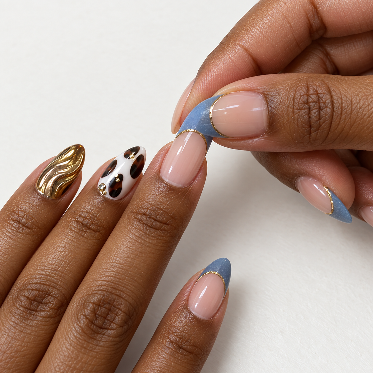 Vintage Gold Brown Blue French Press On Nail Set